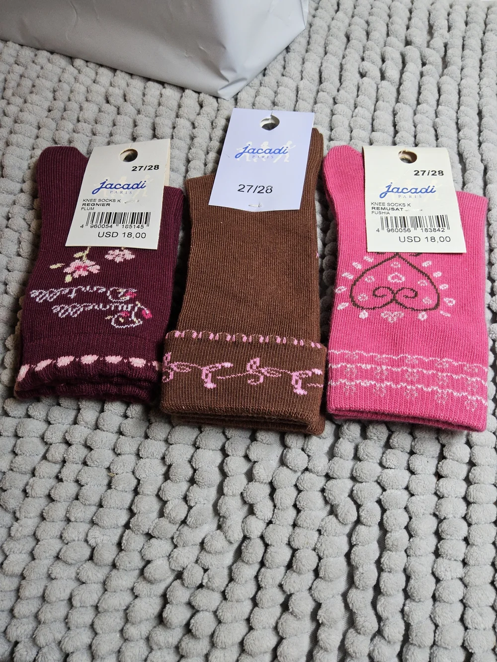 NWOT Bundle of 3 pIr Jacadi Girls Socks Size 27/28 - Pink, Brown, Maroon